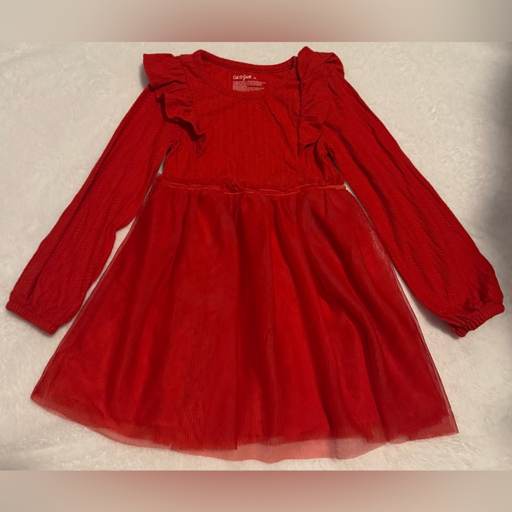 Cat & Jack Red Ruffle Long Sleeve Dress Toddler Girls Size 2T
